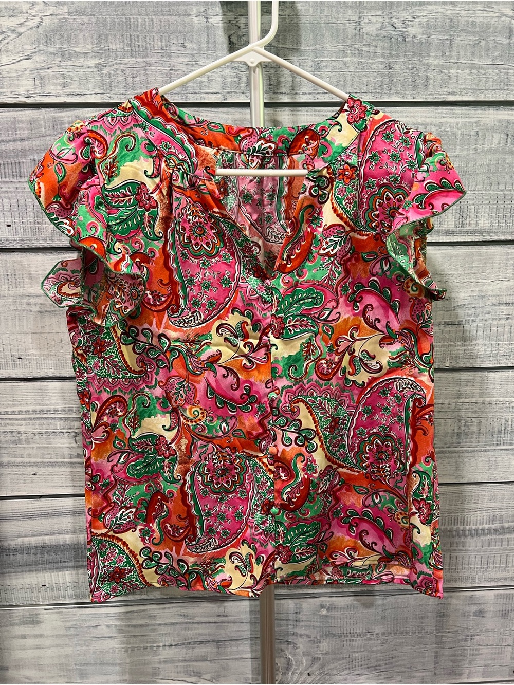 SHEIN Women’s Paisley Ruffle Sleeve Top in Pink and Orange